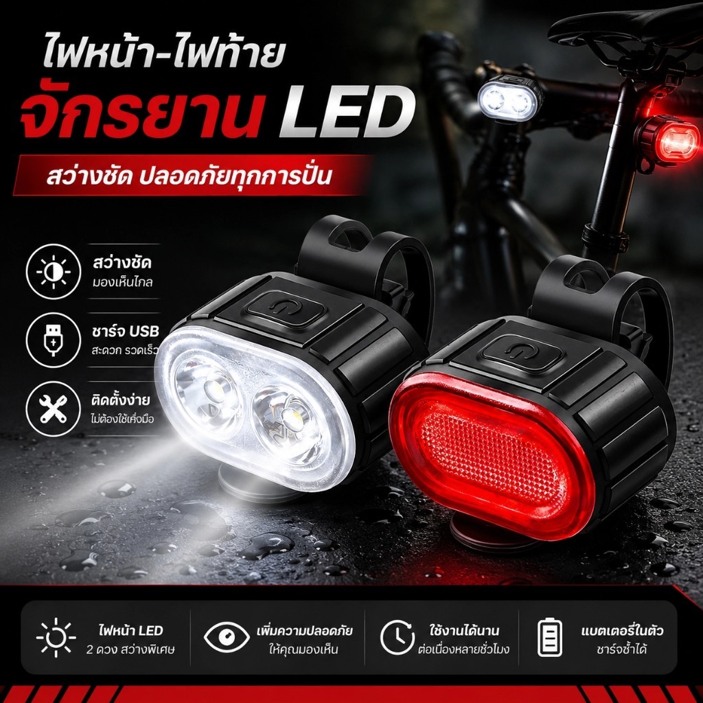 ไฟจักรยาน LED ชุดไฟหน้าไฟท้าย ชาร์จ USB กันน้ำ สว่างชัด ติดตั้งง่าย เพิ่มความปลอดภัย SQ028