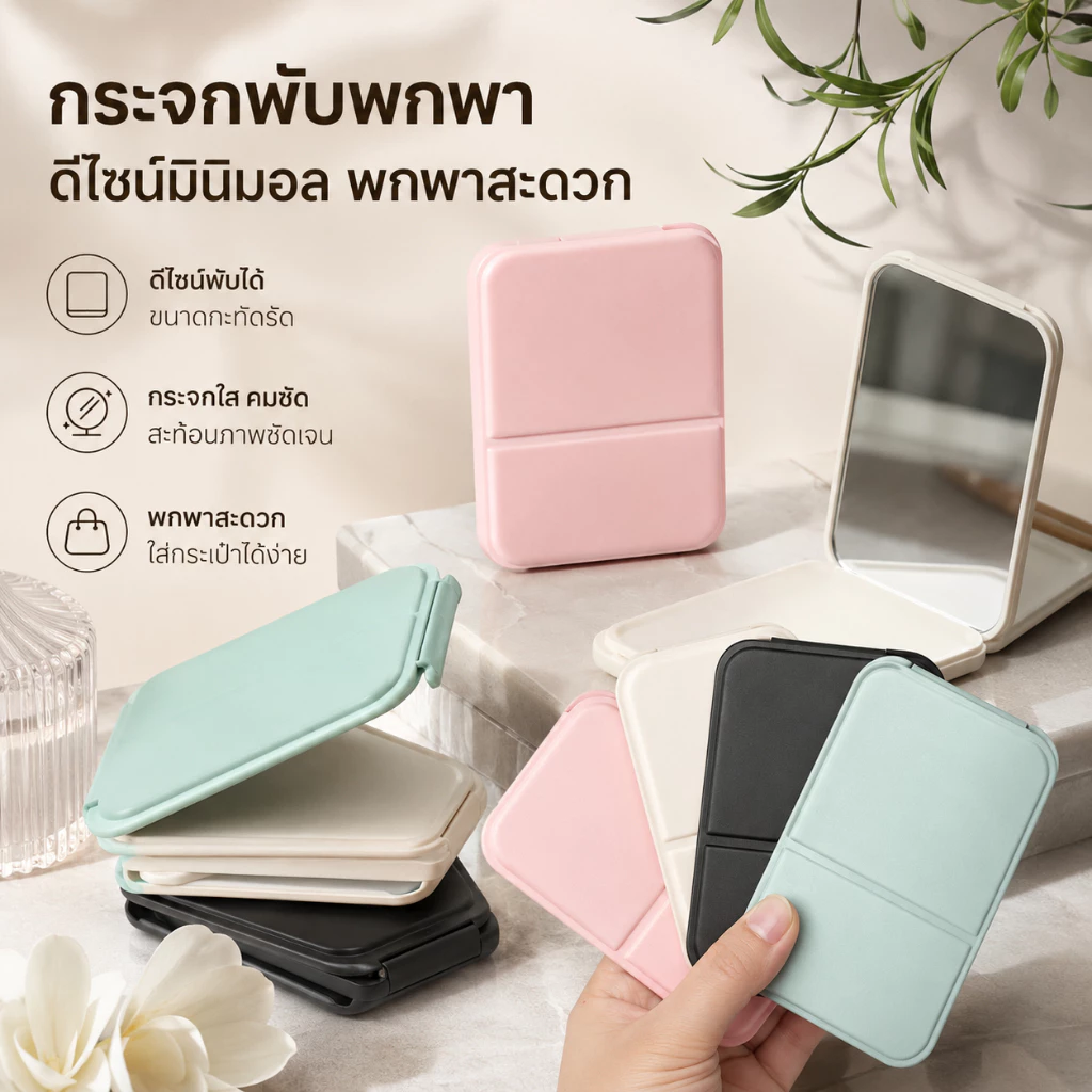 กระจกแต่งหน้า กระจกพกพา กระจกตั้งโต๊ะแบบพับได้ หนัง PU ขนาด 7x10.5 ซม. พกพาสะดวก สำหรับหอพัก ห้องนอน บ้าน A00258