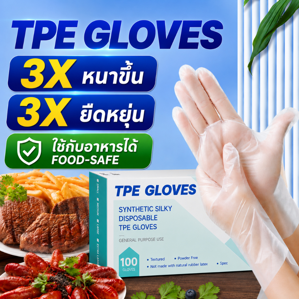 TouchFlex ถุงมือ TPE ใช้แล้วทิ้ง เกรดอาหาร 100 ชิ้น/กล่อง หนา 3 เท่า ลายกันลื่น 3D มาตรฐาน BRCGS ISO 10993