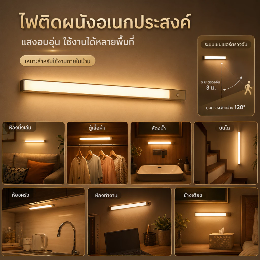 ไฟเซนเซอร์ โคมไฟ LED ไร้สาย ไฟติดผนังตรวจจับการเคลื่อนไหว มีแม่เหล็ก ติดตั้งง่าย สำหรับตู้เสื้อผ้า บันได ทางเดิน ห้องนอน A00263