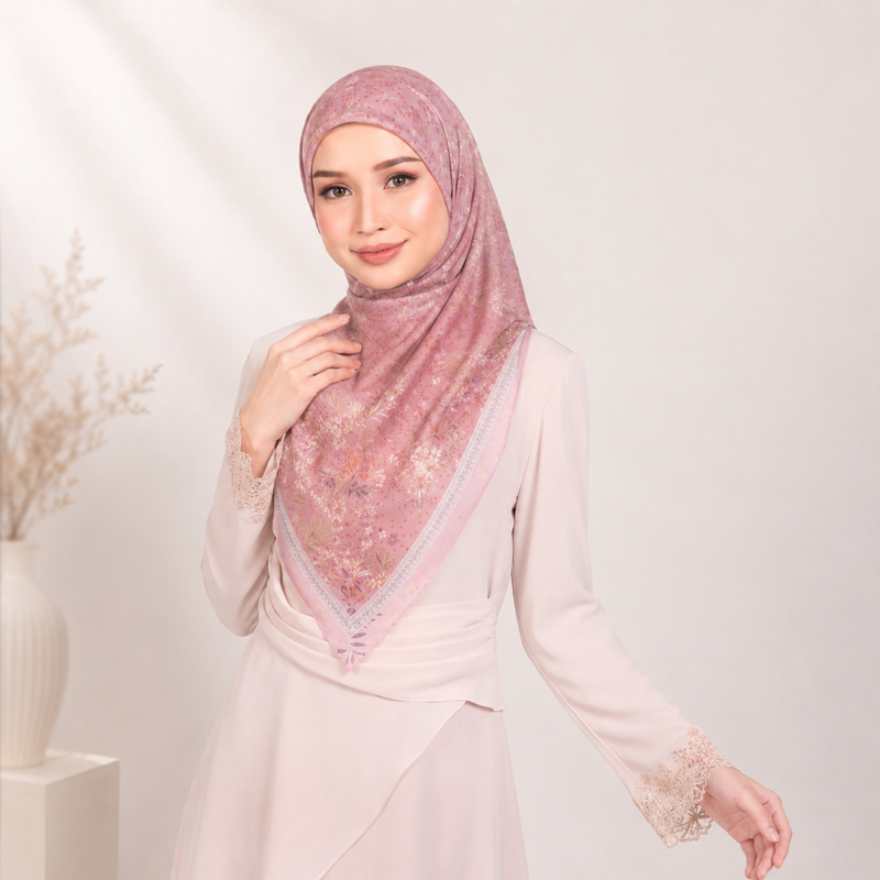 LOVOSME ดอกไม้พิมพ์ Bawal Hijab Voile ผ้าพันคอสี่เหลี่ยมเหนียวมุสลิม Headscarf บาง Tudung Jagged ขอบผ้าพันคอ