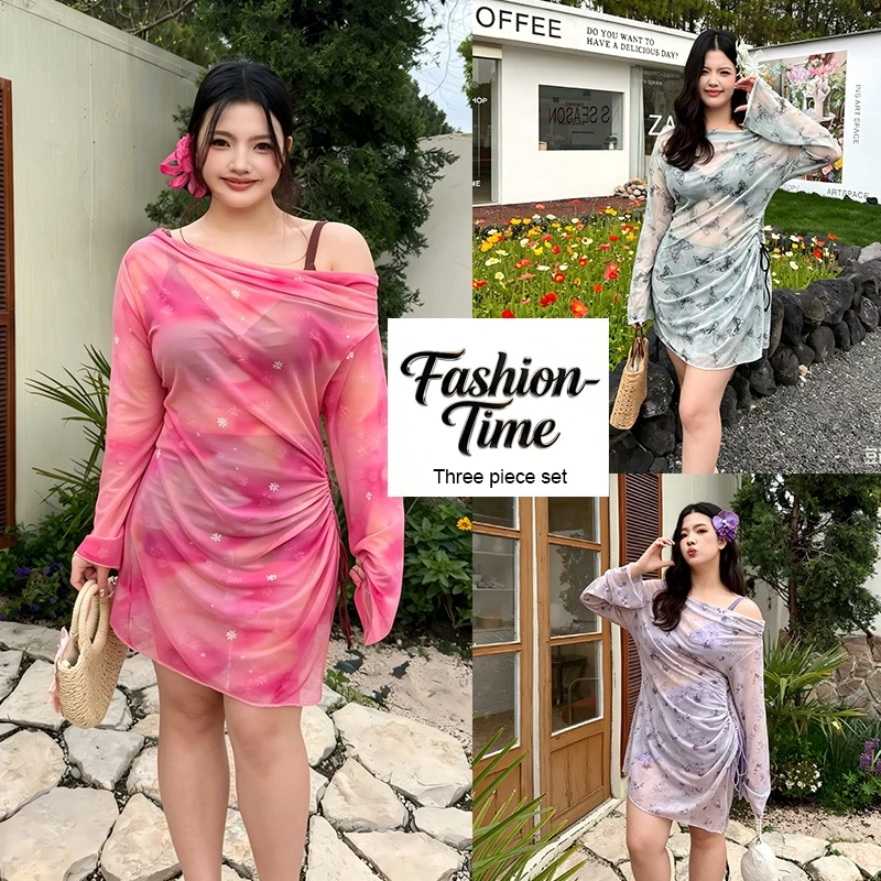 ว่ายน้ําสาวอวบ เซ็ต3ชิ้น ชุดสาวอวบ ใส่แล้วผอม ชุดเที่ยวทะเล ชุดว่ายน้ำแขนยาว#KJS251