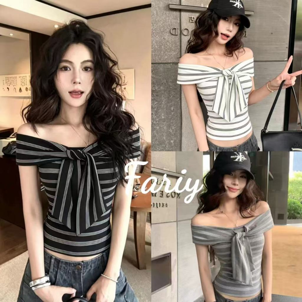 Fariy🍒คลังสินค้าพร้อม🍒 เสื้อยืดแขนสั้นลายทางสไตล์เรโทรฝรั่งเศสแบบเปิดไหล่ ผูกโบว์ สำหรับผู้หญิง ทรงเข้ารูปสำหรับฤดูร้อน