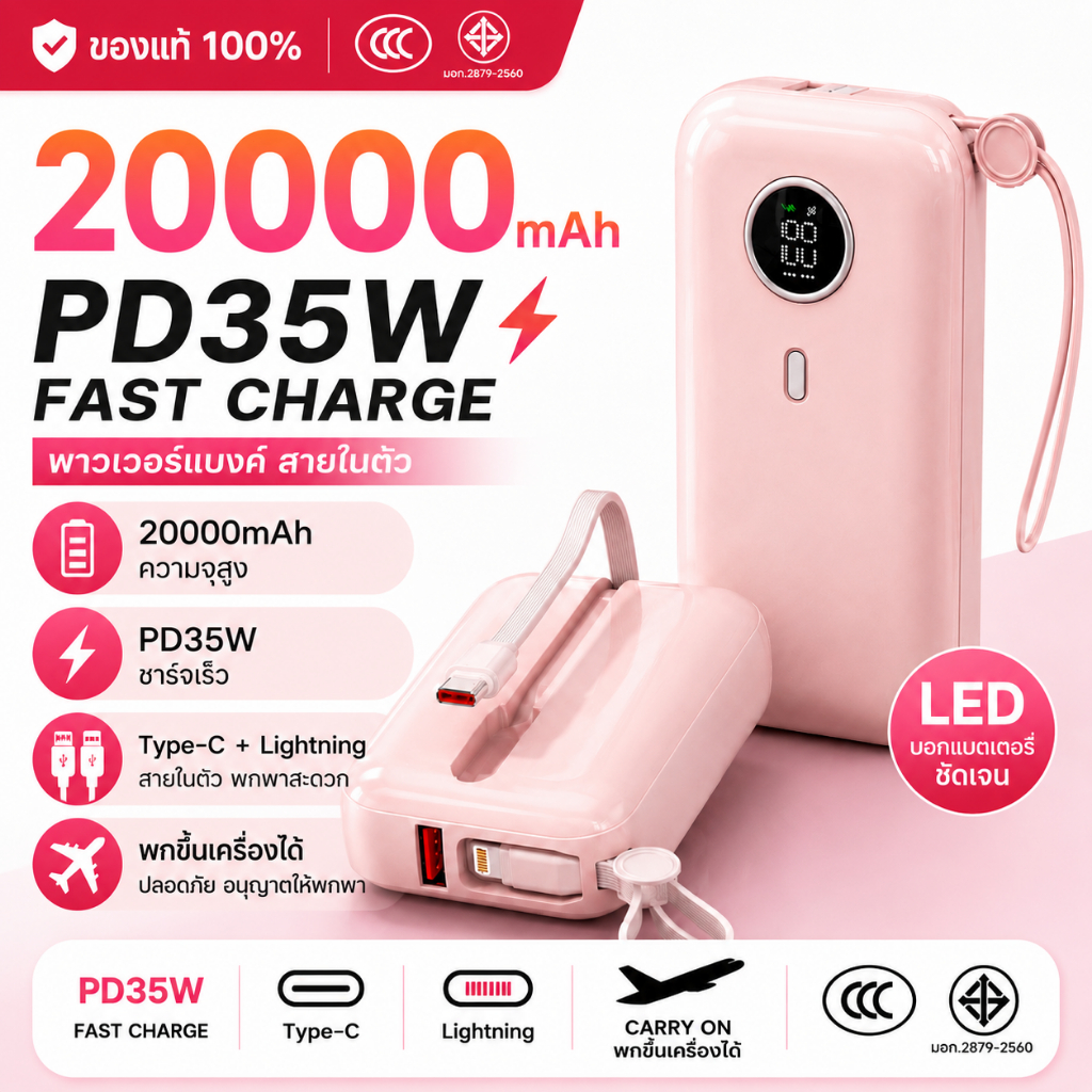 【CCC&TIS】Power Bank 20000mAh PD35W Fast Charge สายในตัว Type-C Lightning พาวเวอร์แบงค์ ชาร์จเร็ว พกขึ้นเครื่องได้