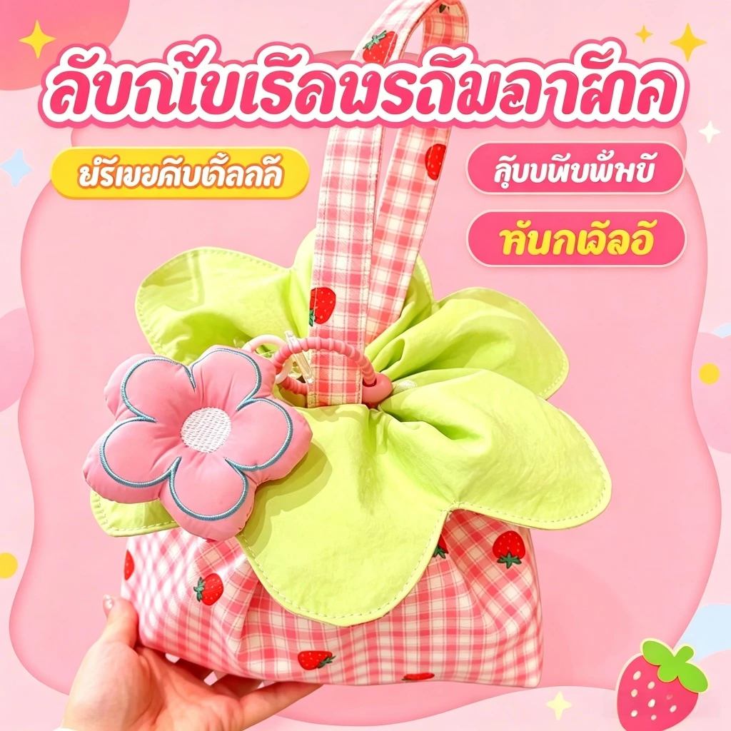 กระเป๋าผ้าลายสก๊อตลายสตรอเบอร์รี่และดอกไม้แบบเชือกรูด