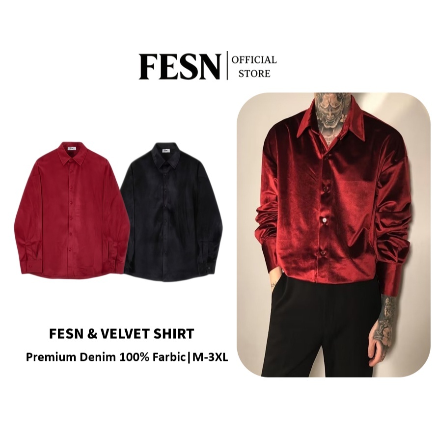Velvet Loose Shirt เสื้อเชิ้ตผู้ชายผ้ากำมะหยี่เงางาม แขนยาวทรงOversize หรูหรา มี2สี ดำ/แดงไวน์ Size M-3XL