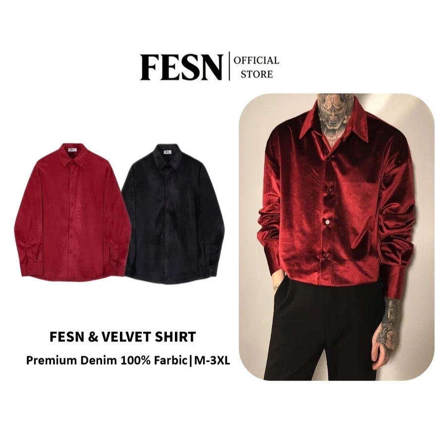 Velvet Loose Shirt เสื้อเชิ้ตผู้ชายผ้ากำมะหยี่เงางาม แขนยาวทรงOversize หรูหรา มี2สี ดำ/แดงไวน์ Size M-3XL