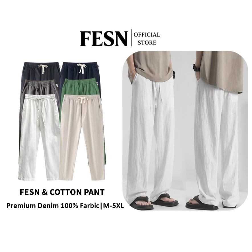 M-5XL 6 สี ผ้าลินินหลวมตรงขากว้างสีขาว Casual Plus ขนาดกางเกงขายาวผู้ชาย