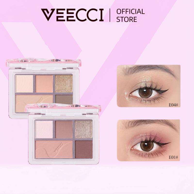 VEECCI อายแชโดว์ พาเลท 5สี เคลือบ ชิมเมอร์ อายแชโดว์ สีเอิร์ธโทน สีชมพู รายวัน พาเลทตา 5.2g
