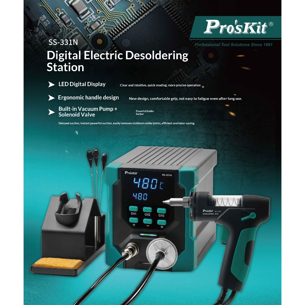 ProsKit ไฟฟ้า Desoldering Station SS-331NH LCD Digital Anti-Static High Power Strong ดูดสูญญากาศบัดกรีปั๊มปืน