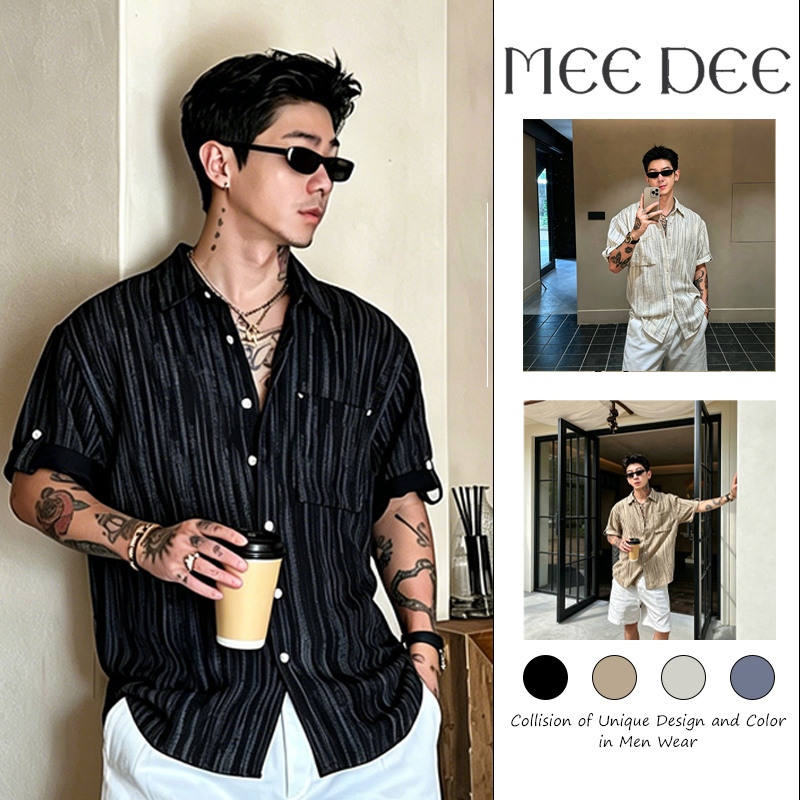 Vertical Striped Shirt เสื้อเชิ้ตแขนสั้นลายร่องแนวตั้ง ผ้าโปร่งระบายอากาศ ปกคอคลาสสิก ทรงหลวมสไตล์สบายผู้ชาย มี4สี ดำ/คาร์กี้/ครีม/น้ำเงินเข้ม Size M-2XL
