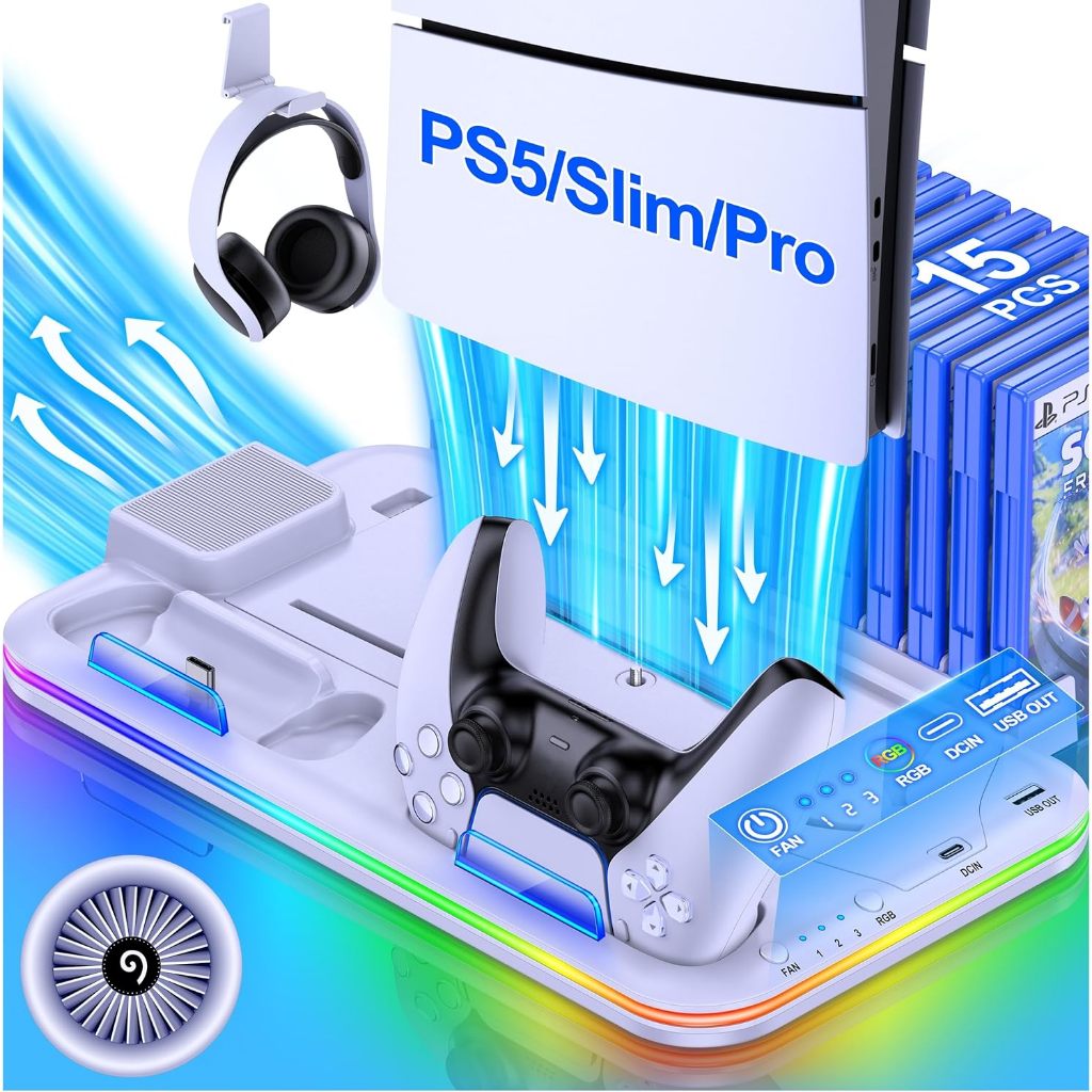 แท่นชาร์จ RGB PS5 Slim/PS5 Pro มัลติฟังก์ชั่นและสถานีทําความเย็นเทอร์โบพร้อมแท่นชาร์จคอนโทรลเลอร์สําหรับ PS5, พัดลมระบายความร้อน 3 ระดับ, RGB LED, ช่องเสียบการ์ด 15 อัน, ที่วางชุดหูฟัง