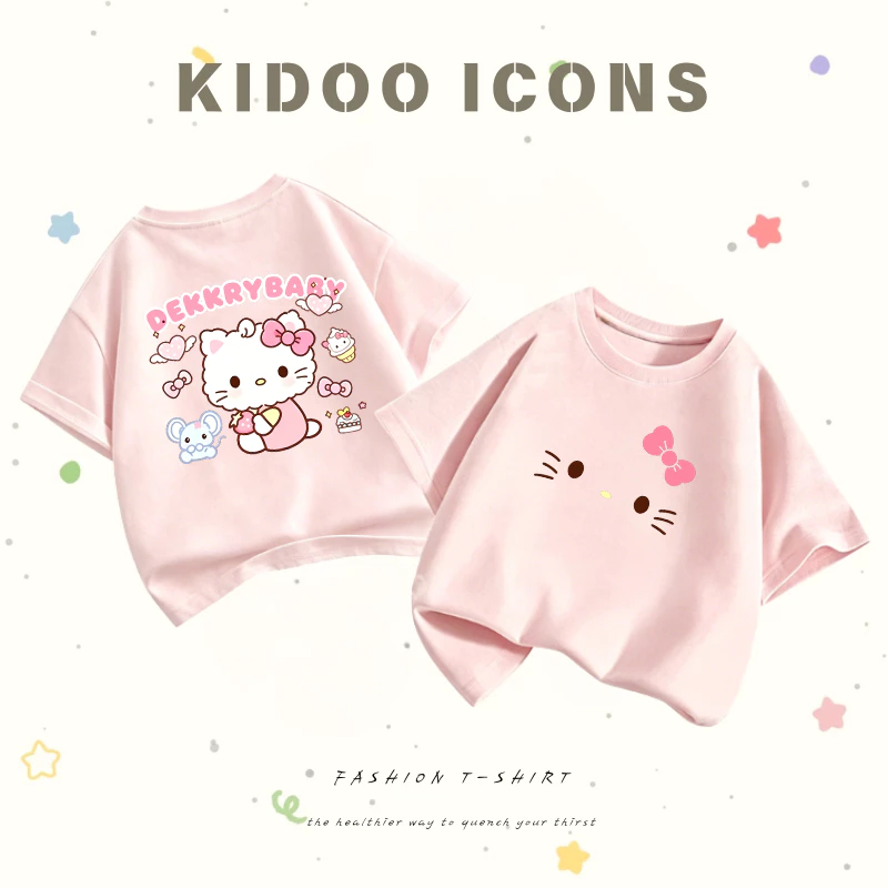 KIDOO ICONS เสื้อยืดเด็กผู้หญิงคอกลม ฤดูร้อน สไตล์ลำลอง ทรงหลวม ลายสกรีน Hello Kitty เนื้อผ้านุ่ม ยืดหยุ่น ผ้าฝ้าย100% #A01+5561