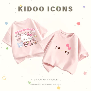 KIDOO ICONS เสื้อยืดเด็กผู้หญิงคอกลม ฤดูร้อน สไตล์ลำลอง ทรงหลวม ลายสกรีน Hello Kitty เนื้อผ้านุ่ม ยืดหยุ่น ผ้าฝ้าย100% #A01+5561
