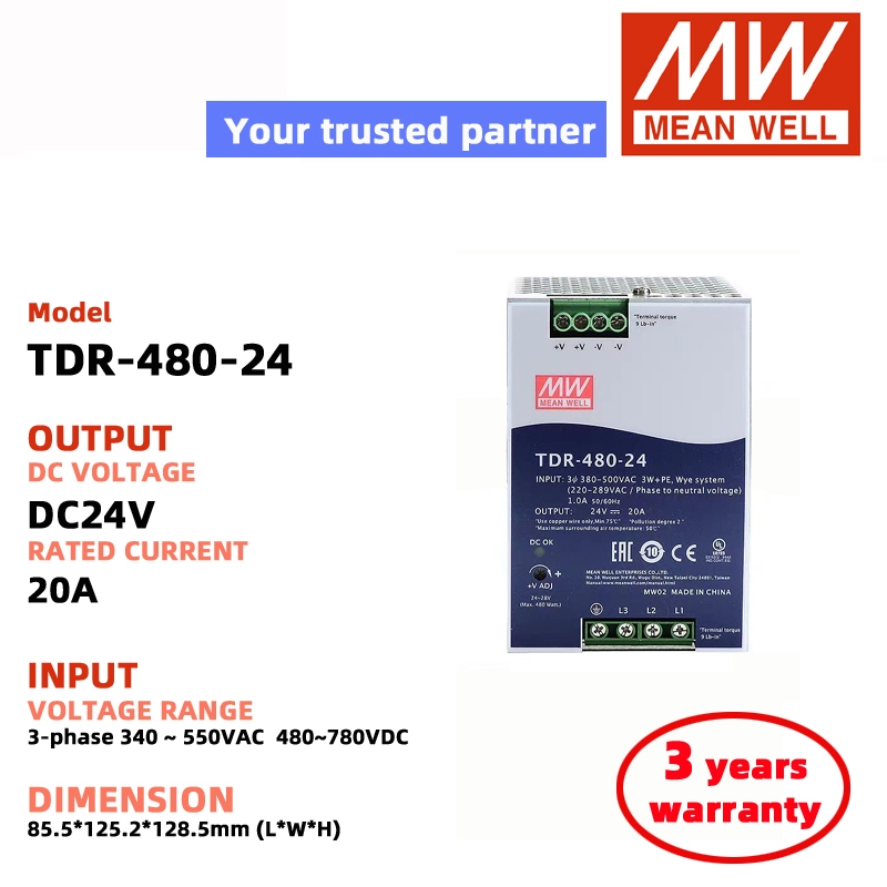 MEAN WELL TDR-480-24 DC24V 20A TDR-480-48 DC48V 10A 3 เฟส 340 ~ 550VAC Switching Power Supply Meanwe