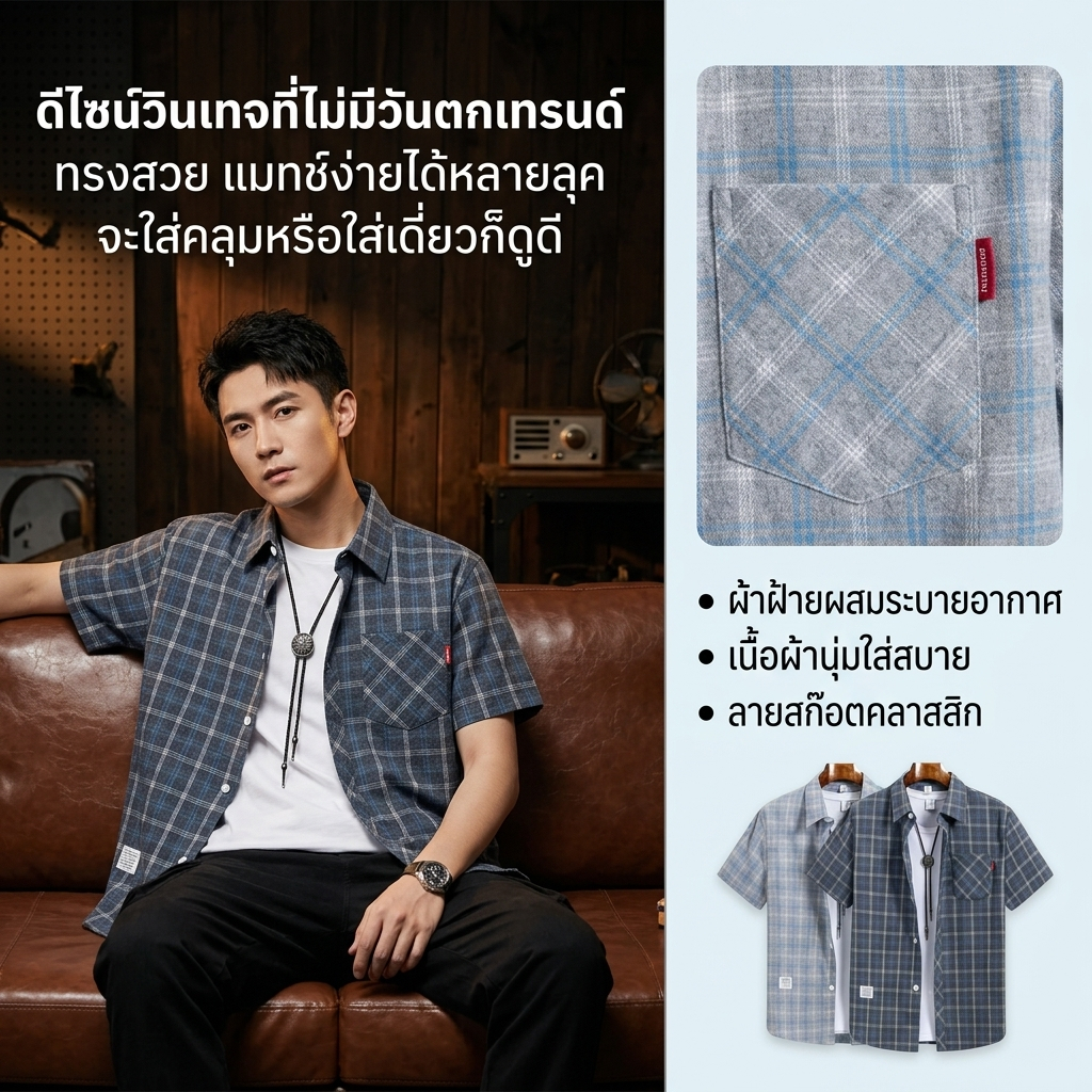 【ซัมเมอร์ฮิต】เสื้อเชิ้ตแขนสั้นลายตารางผู้ชายใหม่ หลวมบางระบายดี ชุดลำลอง