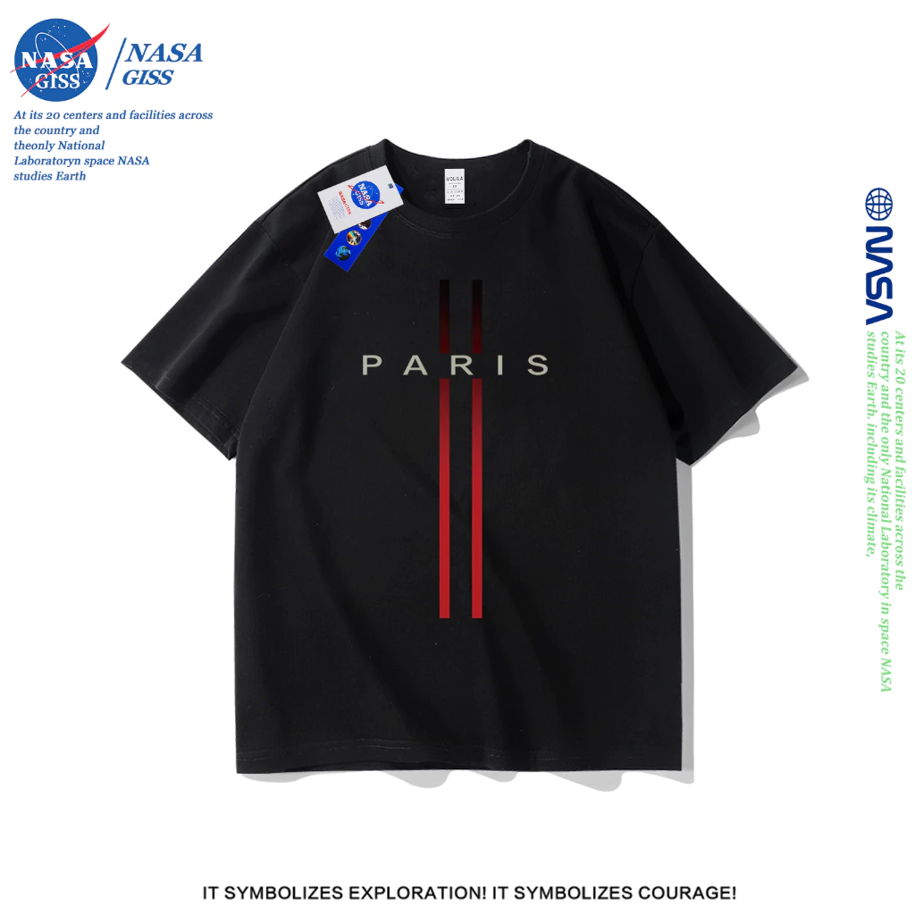 NASA เสื้อยืดชายหญิงแขนสั้น สไตล์ลำลอง summer PARIS ผ้าฝ้ายแท้ พิมพ์ลาย t-shirt แบบหลวม คอกลม ยับยากไม่ต้องรีด