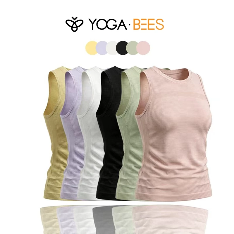 โยคะ BEES Ribbed แขนกุดโยคะเสื้อกล้ามผู้หญิงลูกเรือคอ Slim Fit ไม่มีรอยต่อออกกําลังกายเสื้อกั๊กลําลอง 6 สี