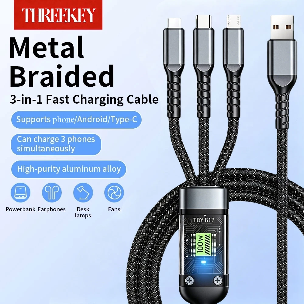 THREEKEY สายชาร์จเร็ว 100W 3 ใน 1 มีหัว Li / Micro USB / Type-C วัสดุอลูมิเนียมอัลลอย ความยาว 1.2 เมตร