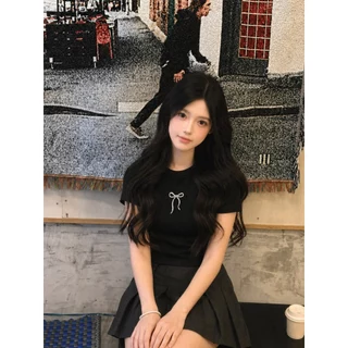 ✨เสื้อครอปผู้หญิง💕 เสื้อเอวลอยลายโบว์ สไตล์เกาหลี เสื้อแฟชั่น เข้ารูป ใส่สบาย -T349