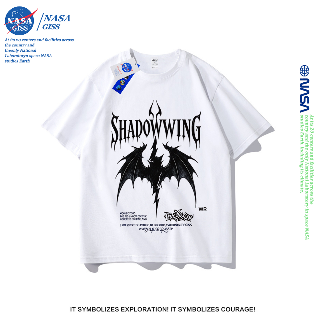 NASA เสื้อยืดชายหญิงแขนสั้น สไตล์ลำลอง summer ปีกปีศาจ ผ้าฝ้ายแท้ พิมพ์ลาย t-shirt แบบหลวม คอกลม ยับยากไม่ต้องรีด