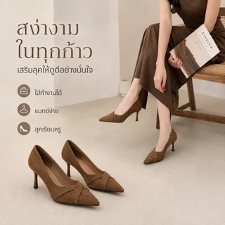 รองเท้าส้นสูงผู้หญิงหัวแหลม หนังกลับ ส้นเข็ม เสริมส้นด้านใน ใส่สบาย สำหรับทำงาน สัมภาษณ์งาน ลำลอง