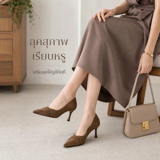 รองเท้าส้นสูงผู้หญิงหัวแหลม หนังกลับ ส้นเข็ม เสริมส้นด้านใน ใส่สบาย สำหรับทำงาน สัมภาษณ์งาน ลำลอง