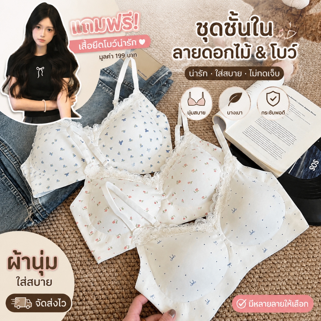 ซื้อสินค้าแถมฟรีเสื้อ✨ ชุดชั้นในลูกไม้นุ่มสบาย ดีไซน์ไม่มีโครง ใส่สบายตลอดวัน สำหรับสาวอกเล็ก เพิ่มความอึ๋มอย่างเป็นธรรมชาติ 💖 ใส่ได้ทุกวัน 👗-N782