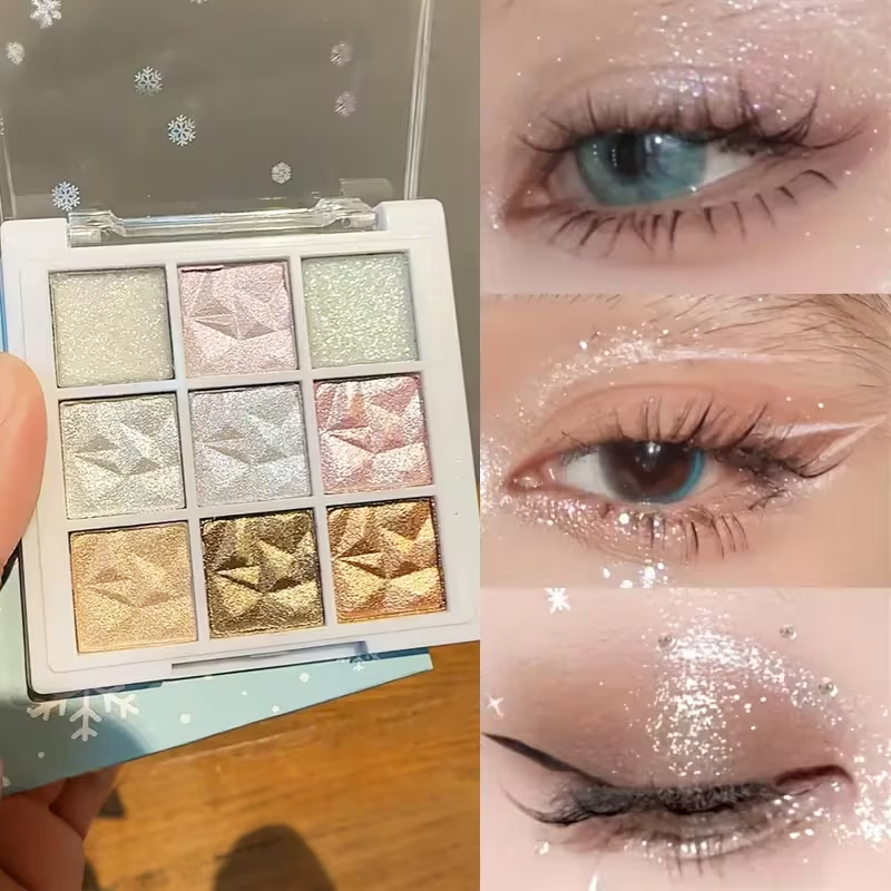 พาเลทอายแชโดว์เพชร 9 สี Rose Pink Glitter Flash Polarization Highlighter Shiny Eye Makeup