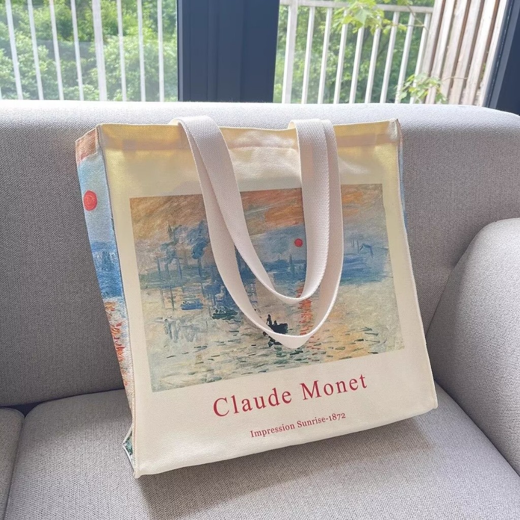 Monet Sunrise กระเป๋าสะพายไหล่ กระเป๋านักเรียน ผ้าแคนวาส ทรงโท้ท ขนาดใหญ่ จุของได้เยอะ ลายภาพวาดสีน้ํามัน สําหรับทุกเพศ