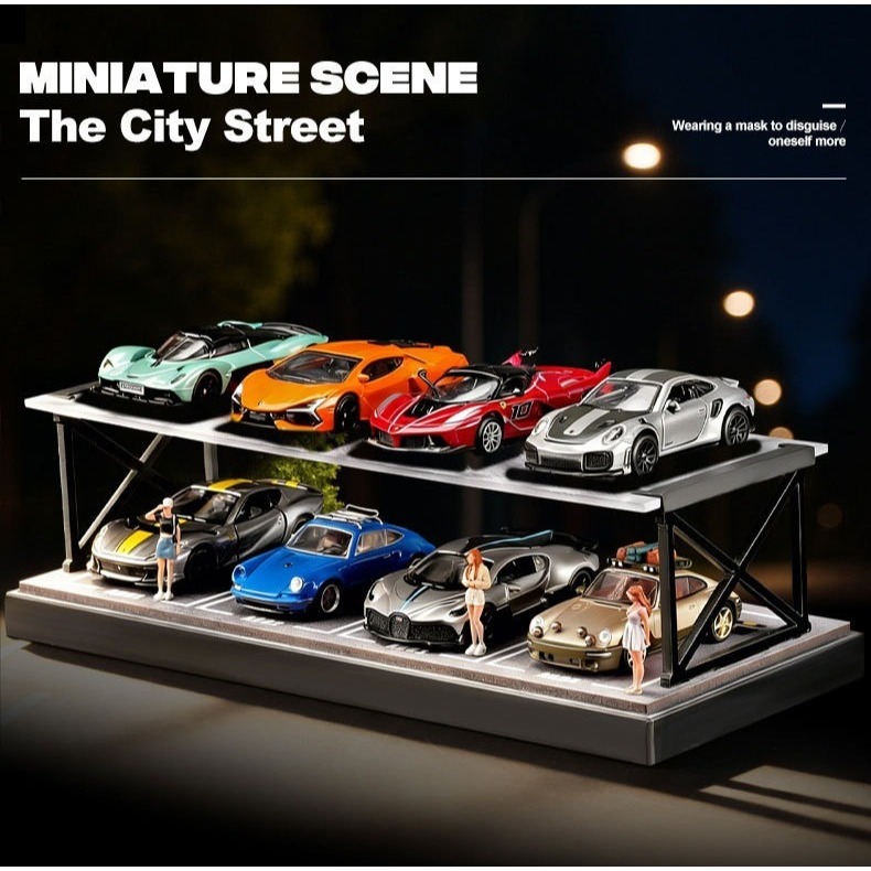 Diorama 1/64 Two-storey ฉากโรงรถที่จอดรถรุ่น Diecast Car Collection Display Case 8-space Car Park รุ่น