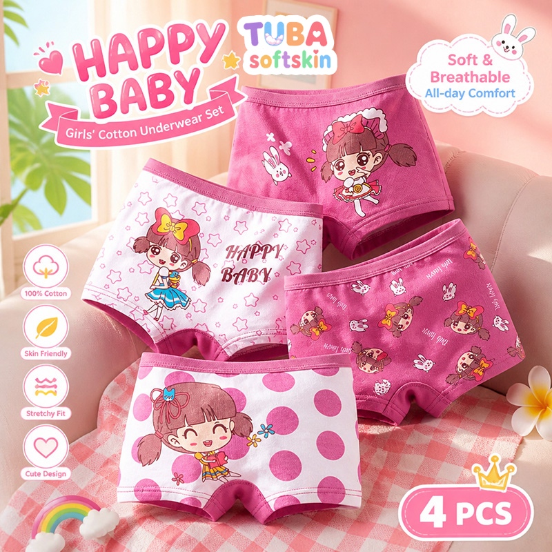 【ส่งด่วน】👧 กางเกงในบ๊อกเซอร์สำหรับเด็กหญิง แพ็ค 4 ชิ้น ลายพิมพ์การ์ตูนน่ารัก อายุ 2-14 ปี