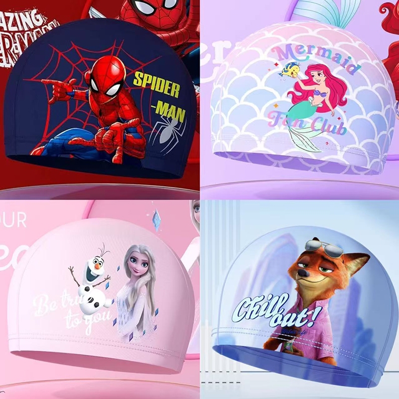 Disney หมวกว่ายน้ําผู้ชายผู้หญิงกันน้ํา Breathable Non-Strling เด็กพิมพ์ PU เคลือบไนลอนหมวกว่ายน้ํา