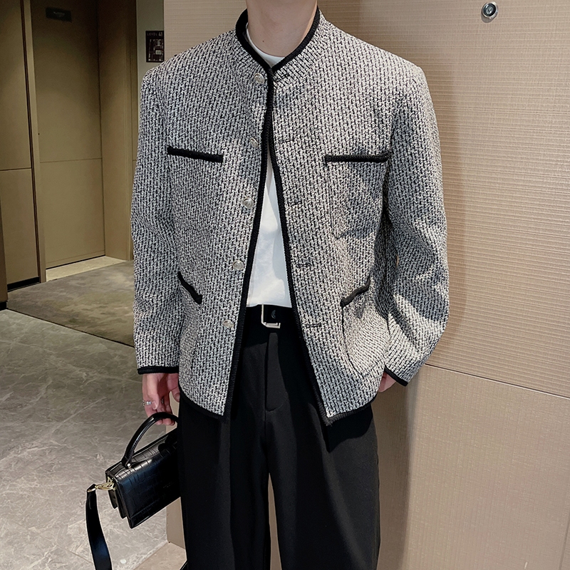 Original Retro Tweed เสื้อแจ็คเก็ตสั้นผู้ชายฤดูใบไม้ร่วงฤดูหนาว Influencer Stand-Up Collar ชุดทําด้วยผ้าขนสัตว์ High-End Feeling Ruffian หล่อแจ็คเก็ต