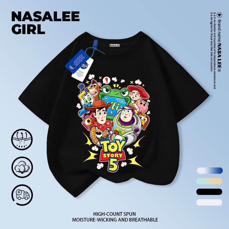 [กรุงเทพฯ จัดส่ง] เด็กผ้าฝ้ายสีดําเสื้อยืดการ์ตูนการออกแบบความรู้สึกไซ-ฟิจินตนาการสไตล์สนุกพิมพ์ฤดูร้อนเสื้อผ้าระบายอากาศแขนสั้นเหมาะสําหรับ3-16ชายหญิง