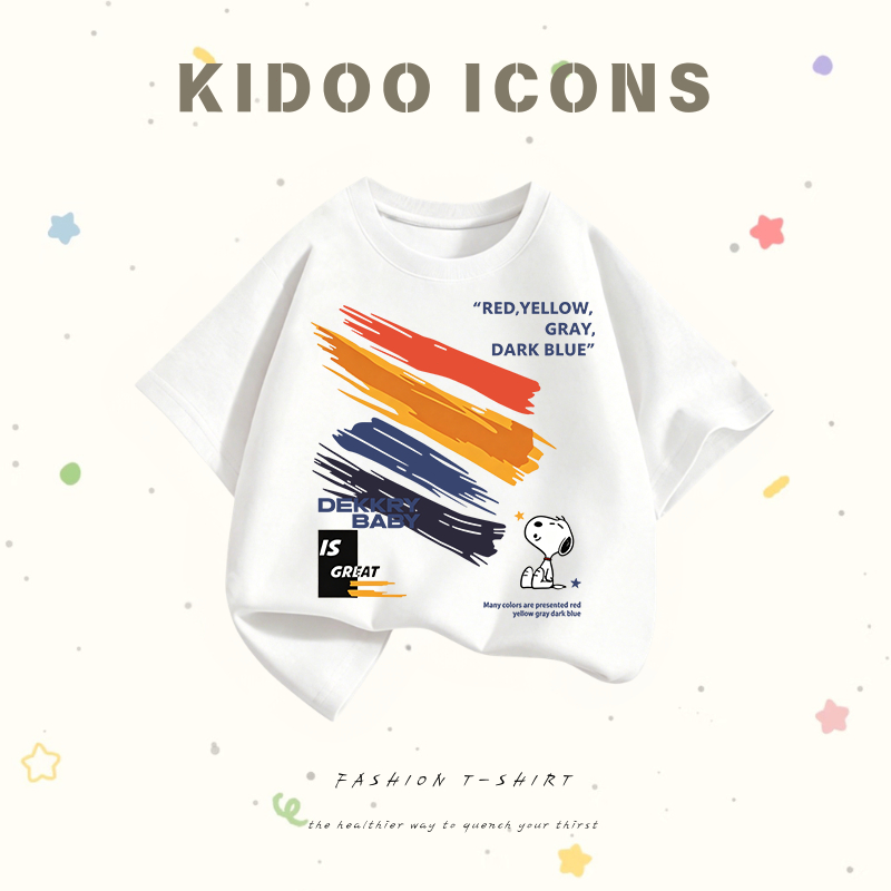 KIDOO ICONS เสื้อยืดเด็กคอกลม แขนสั้น สไตล์เกาหลี ลาย Snoopy น่ารัก ผ้าฝ้ายแท้ 100% #A01+5689