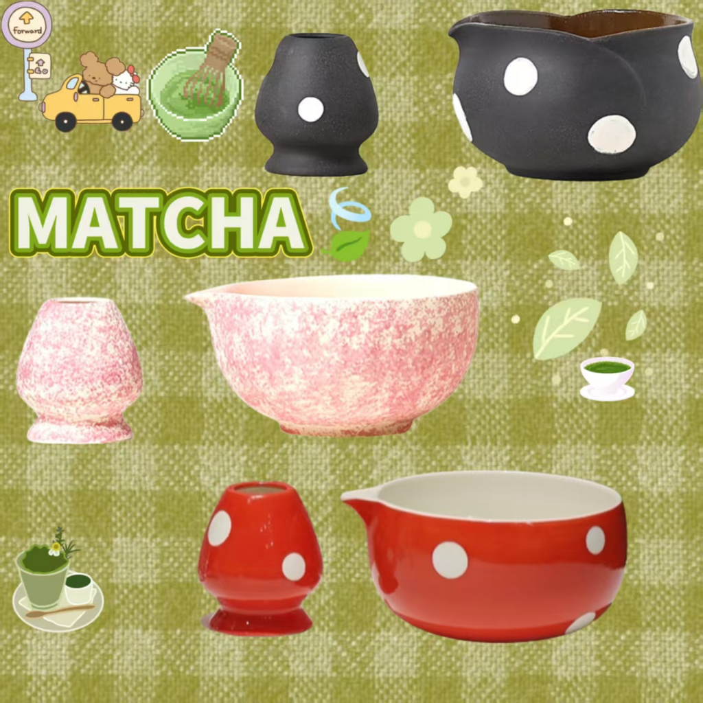 🍃MATCHA🍵ชามมัทฉะสไตล์ญี่ปุ่นที่มีจุดสีขาว, เซรามิก ชวัน สําหรับราชวงศ์เพลง เดียน ชะอํา & มัทฉะ ปัด