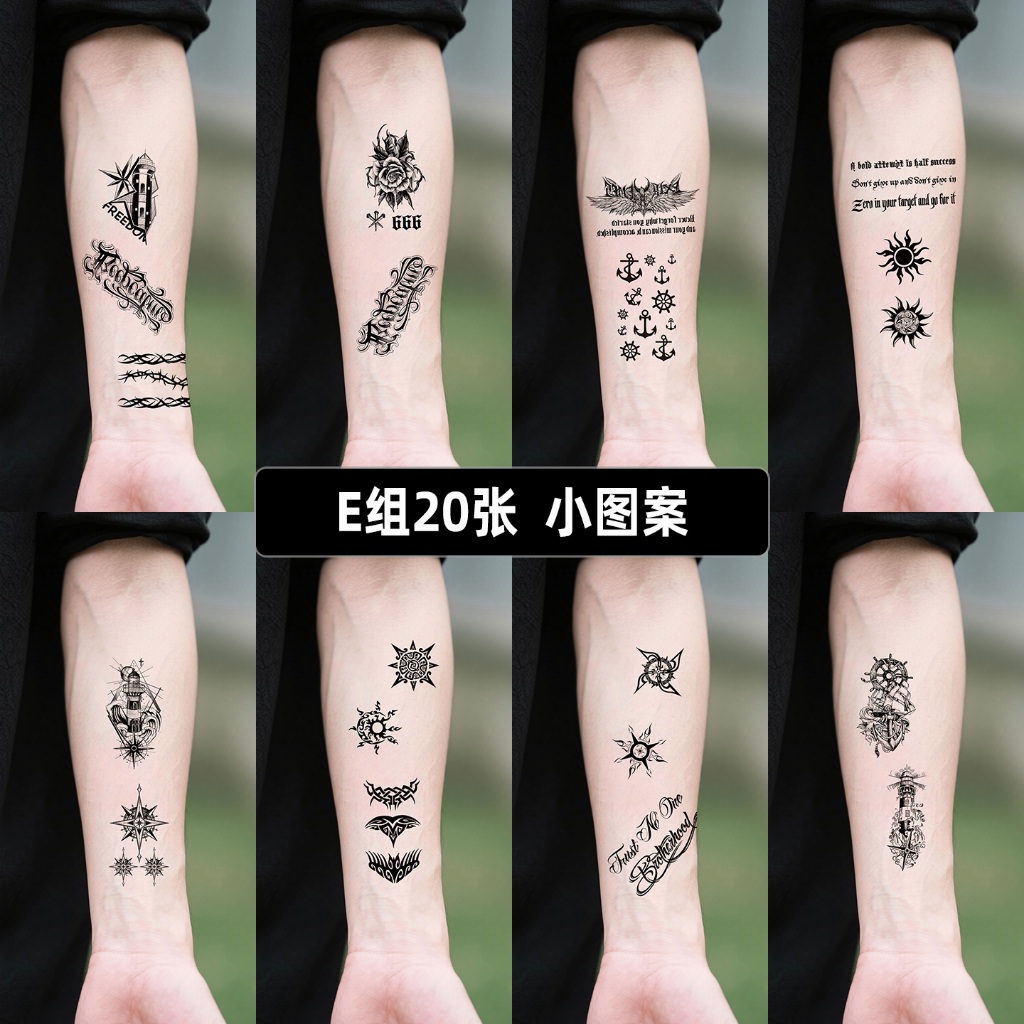 สีดําขนาดเล็กลายสติกเกอร์รอยสักผู้ชายผู้หญิงกันน้ําความรู้สึกระดับไฮเอนด์ข้อมือเนอรี่สไตล์ประภาคารเรขาคณิตโทเท็มสไตล์ใหม่เหมาะสําหรับผู้ชาย/ชายติดแขนสติกเกอร์สีชั่วคราวเทศกาลดนตรีร่างกายศิลปะแต่งอ
