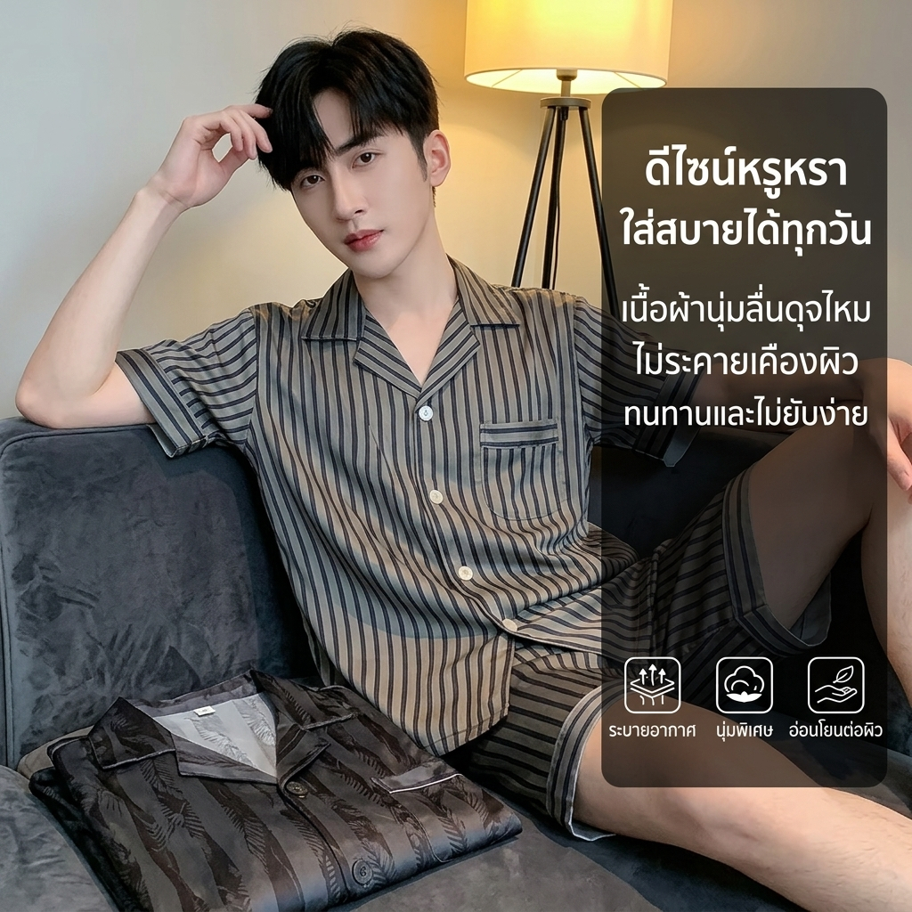 【แนะนำฤดูร้อน】ชุดนอนผู้ชายเนื้อผ้าเย็น แบบบาง ระบายดี สบาย แนะนำใส่ในและนอกบ้าน