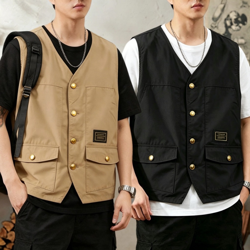 เสื้อกั๊กเดินป่าคอวีหลายกระเป๋าผ้านิ่มใส่สบายระบายอากาศได้ดีแนวสตรีทเหมาะสําหรับกิจกรรมกลางแจ้ง