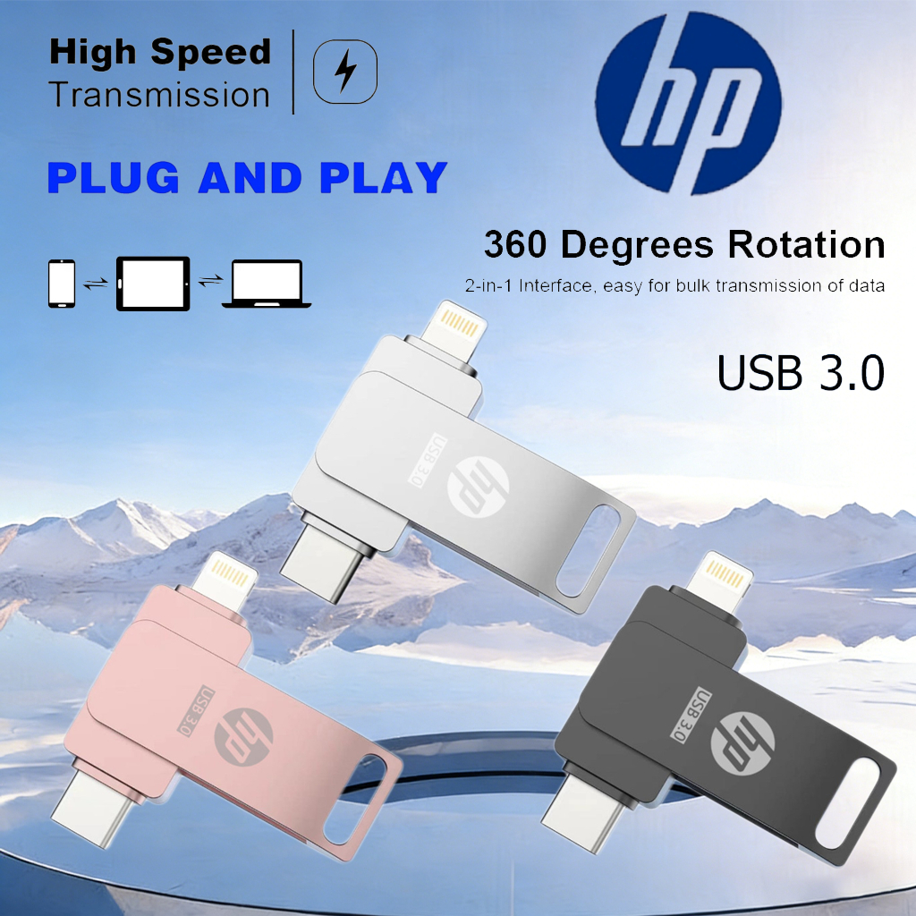 【รับประกัน 5 ปี】แฟลชไดรฟ์ ความเร็วสูง HP Type-C 2in1 2TB USB3.2 ความเร็วสูง ตัวถังอัลลอยด์กระจายความร้อน แฟลชไดร์ฟ 1TB สําหรับโทรศัพท์มือถือ แฟลชไดร์ฟไอโฟน 1TB
