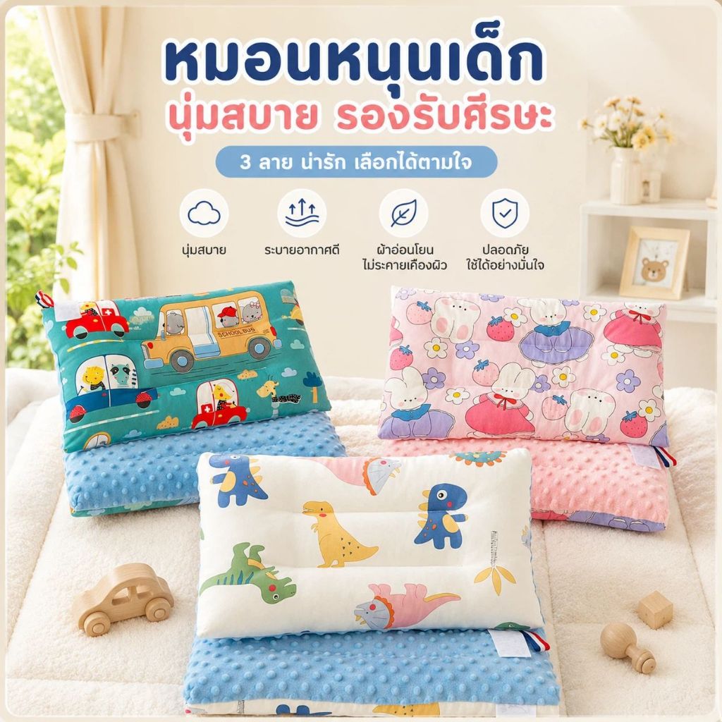หมอนเด็ก หมอนหนุนเด็ก cotton 100% เนื้อนุ่ม กันไรฝุ่น ระบายอากาศได้ดี มีลายให้เลือกถึง 3ลาย