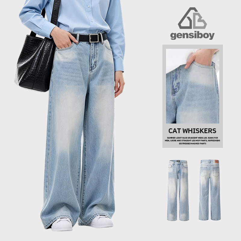 Gensiboy-กางเกงยีนส์ผู้ชาย ทรงขากว้าง baggy jeans สีฟ้าฟอกไล่เฉด เอวสูง ผ้าอ่อนนุ่ม สไตล์สตรีทเกาหลี สวมใส่สบาย