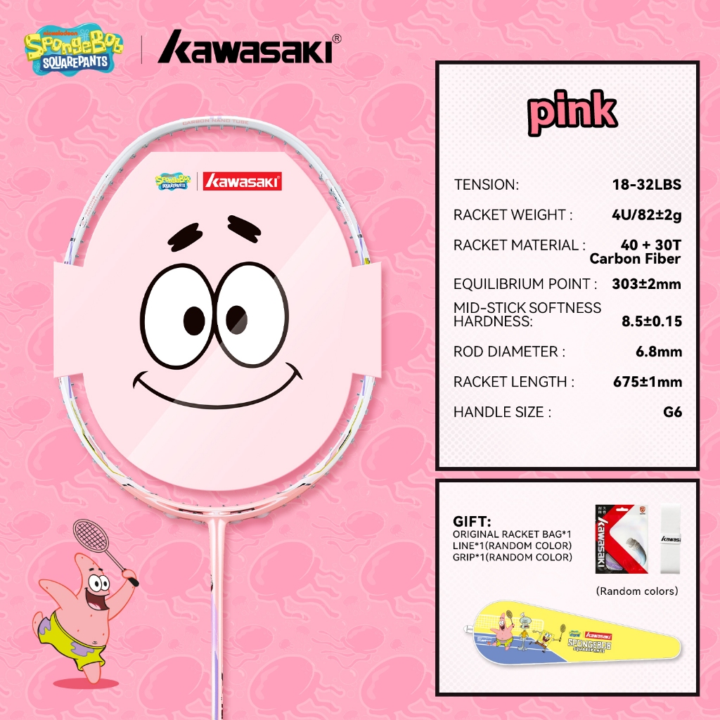 Kawasaki SpongeBob แร็กเก็ตแบดมินตันคาร์บอนไฟเบอร์เต็มรูปแบบ 5U 18-32LBS น้ำหนักเบาพิเศษสำหรับการแข่งขันระดับมืออาชีพ ร่วมแบรนด์กับ