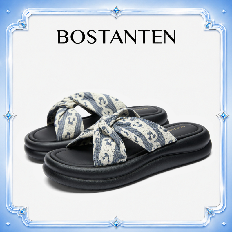 【พร้อมส่งจากไทย】BOSTANTEN รองเท้าส้นตึก ผู้หญิง รองเท้าแตะเสริมส้น ยีนส์เดนิม แฟชั่นเกาหลี ส้นหนานุ่ม ไม่กัดเท้า