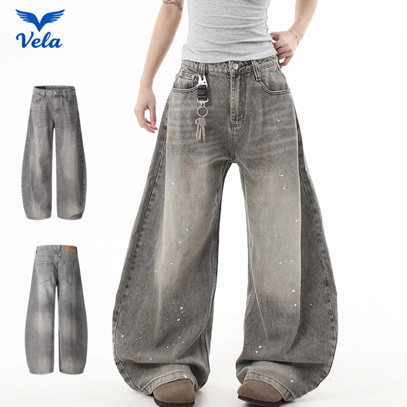 Vela กางเกงยีนส์ผู้ชาย  สีเทาฟอกรอยสเปรย์สีขาว ทรงขากว้าง baggy jeans เอวสูง ทรงหลวมสไตล์ย้อนยุคไซส์