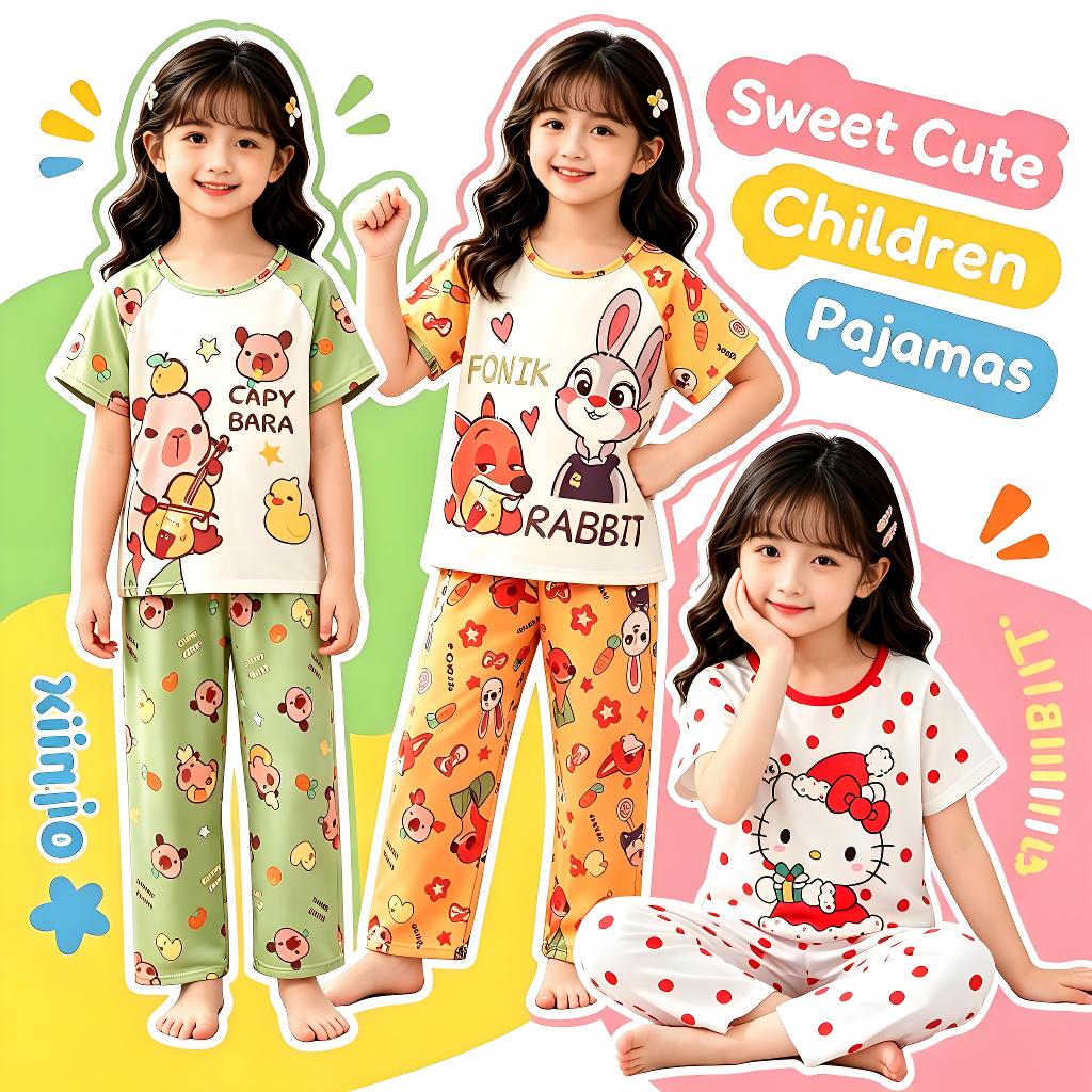 👕หญิง ลายการ์ตูนน่ารัก ชุดนอนเด็กหญิง เสื้อแขนสั้น+กางเกงขายาว