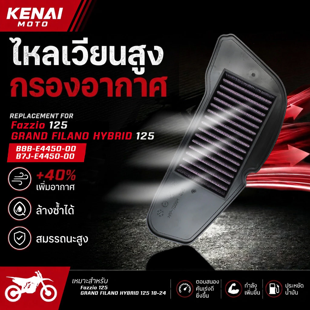 【KENAI】Fit สําหรับ YAMAHA Fazzio 125/Grand Filano Hybrid 125 รถจักรยานยนต์ High Flow กรองอากาศล้างทําความสะอาดได้ B8B-E4450-00