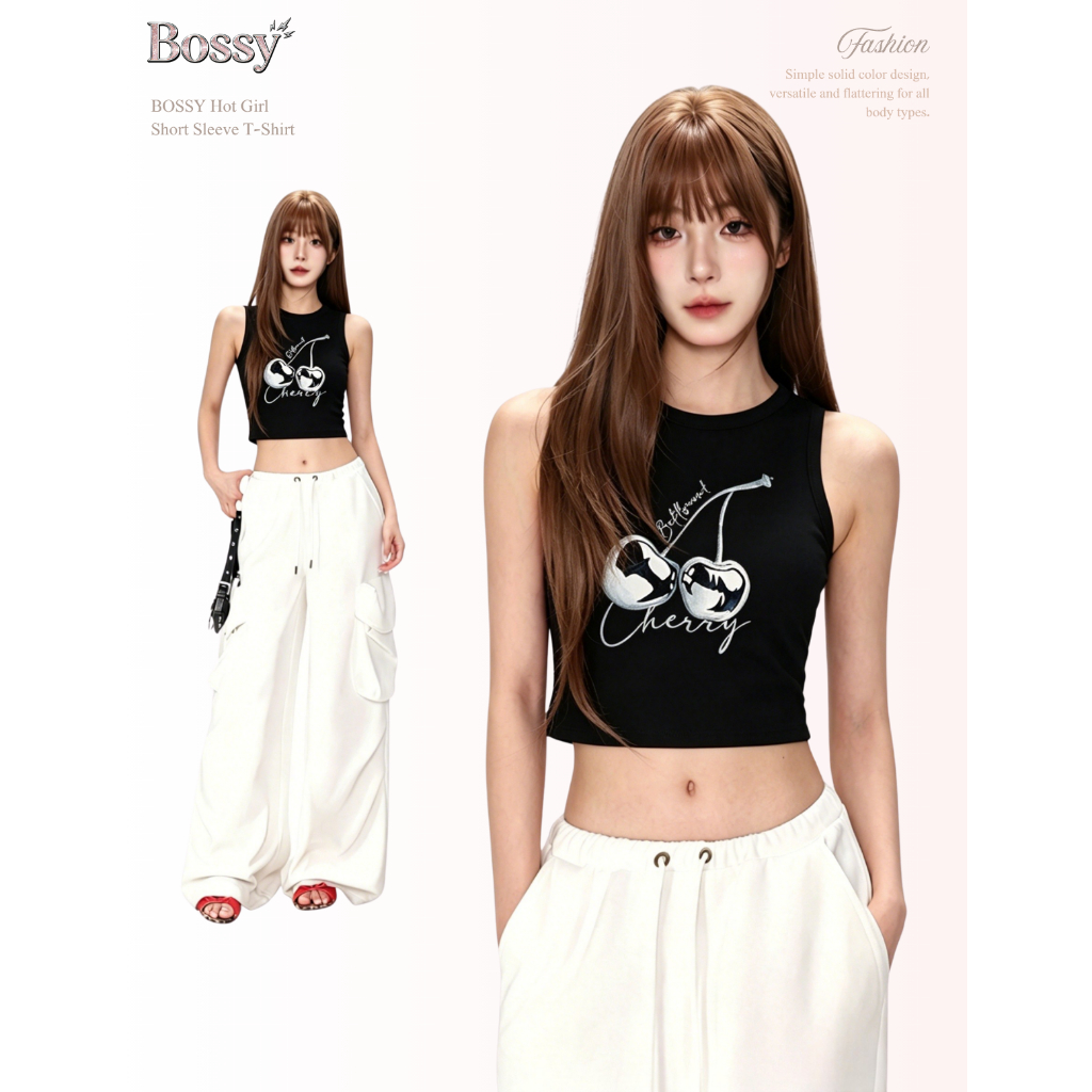 BOSSY เสื้อกล้ามสาวแซ่บ ลายเชอร์รี่และตัวอักษร สไตล์อเมริกันวินเทจ ผ้าฝ้ายแท้ 100%#C+2109