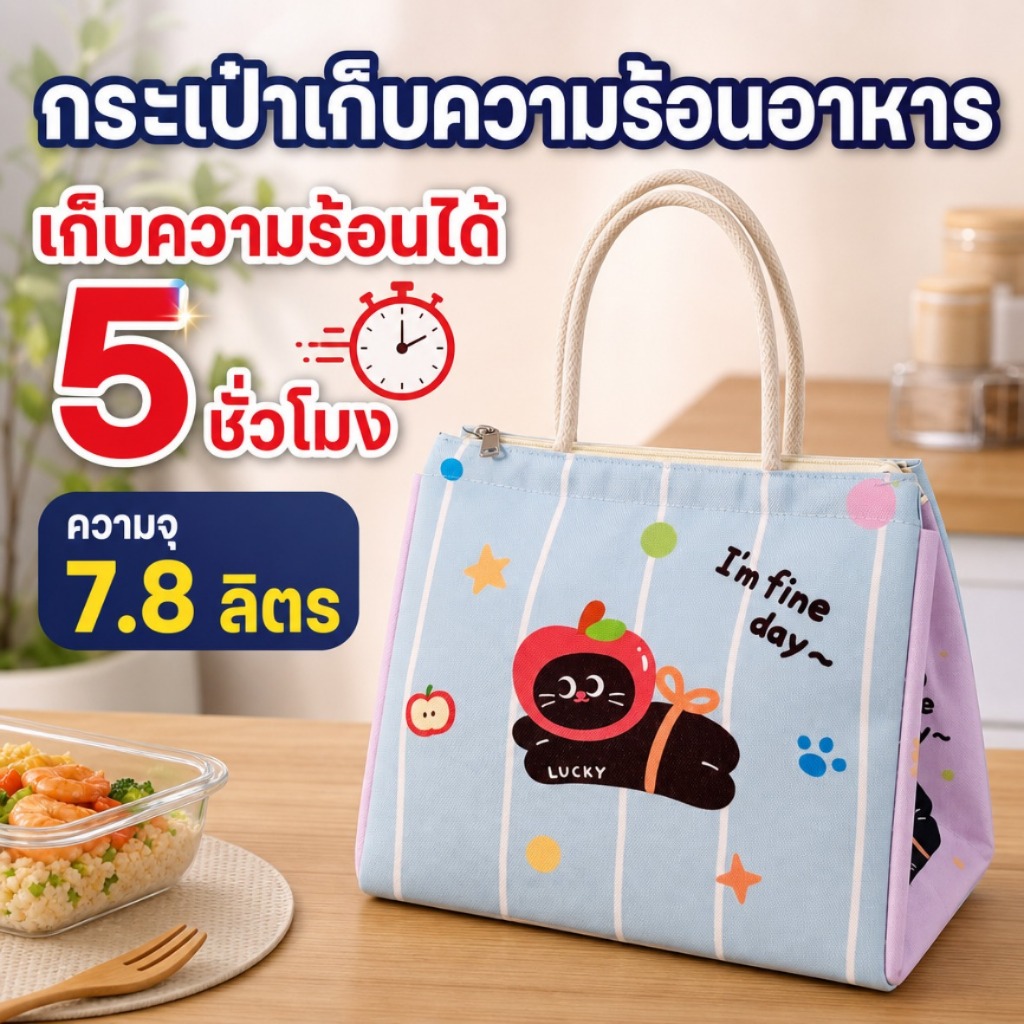 พร้อมส่ง กระเป๋าใส่กล่องข้าว กระเป๋าเก็บความเย็น 7.8L เก็บร้อนเย็น 5 ชม. กันน้ำ ลายการ์ตูน มีหูหิ้ว สำหรับไปโรงเรียน ทำงาน ปิคนิค